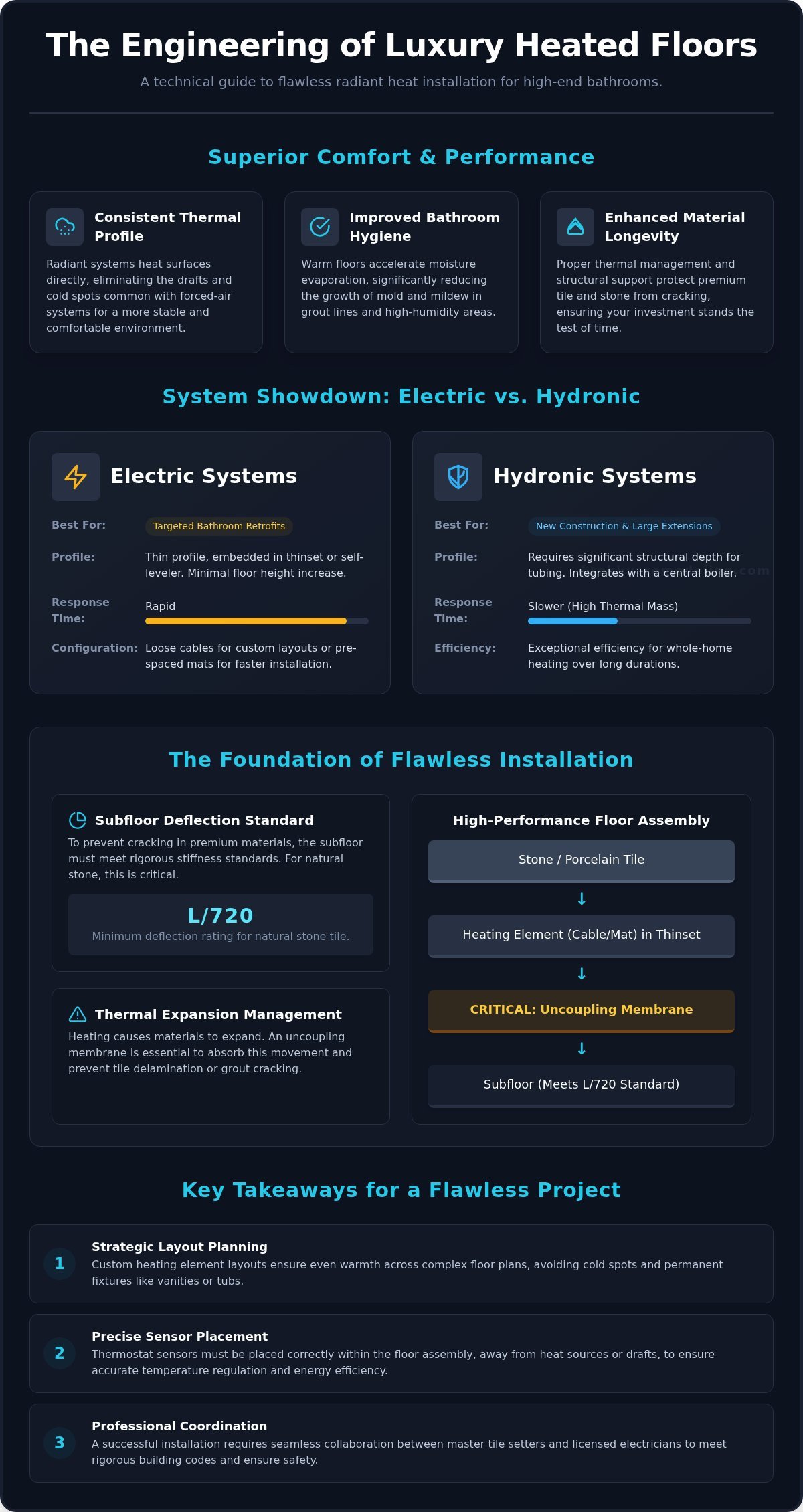 Heated Bathroom Floor Installation: Technical Standards for High-End Master Suites infographic